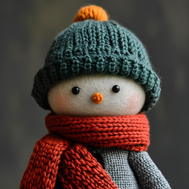 Ein kleiner ausgestopfter Schneemann trägt einen gestrickten Hut und einen Schal mit einem Schal um ihn herum