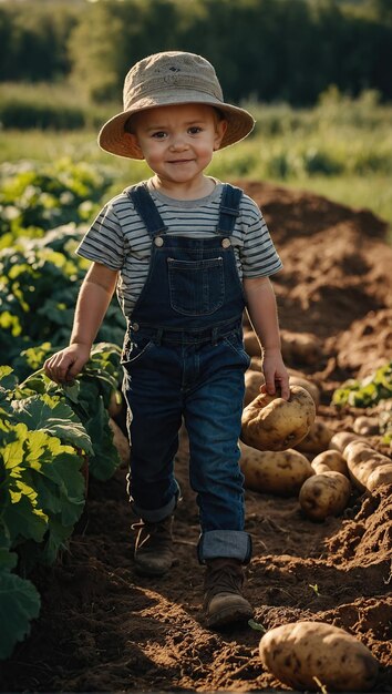 Ein kleiner Bauernjunge pflückt an einem schönen sonnigen Tag Kartoffeln auf einer Ökofarm