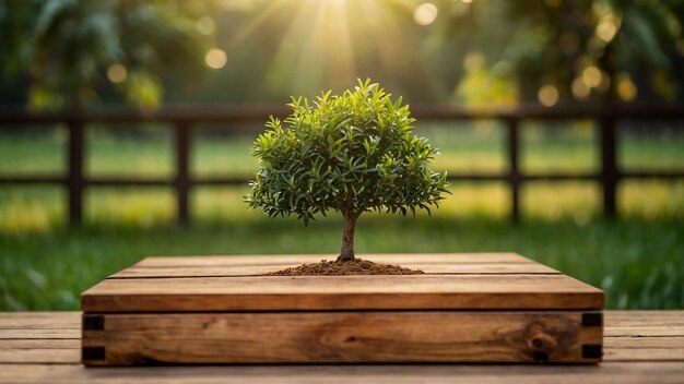 Foto ein kleiner baum auf einer holzkiste mit der sonne dahinter