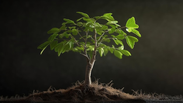 Ein kleiner Baum mit grünen Blättern steht auf dunklem Hintergrund.