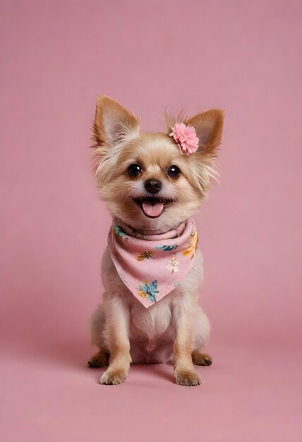 Ein kleiner beigefarbener Hund mit flauschigem Haarschnitt und blumigem Bandana sitzt auf einem rosa Hintergrund