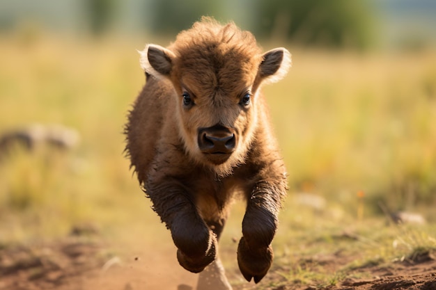 ein kleiner Bison, der über ein Feld läuft