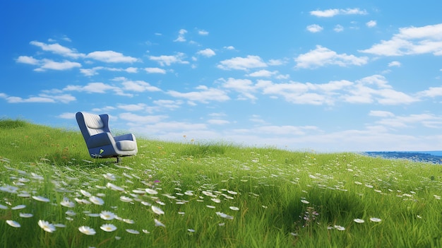 ein kleiner blauer Wagen sitzt in einem Feld von Gänseblümchen