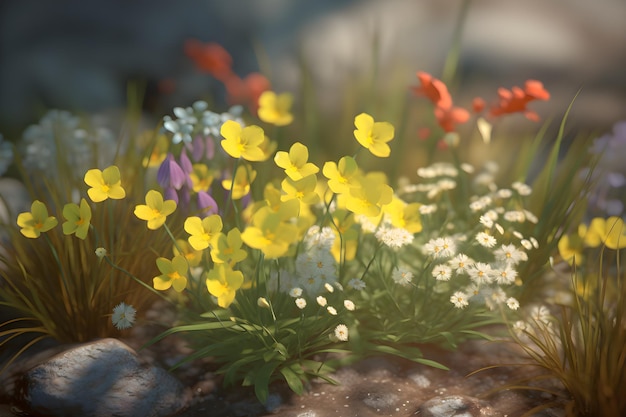 Ein kleiner Blumenfleck mit einer kleinen gelb-weißen Blume im Vordergrund.