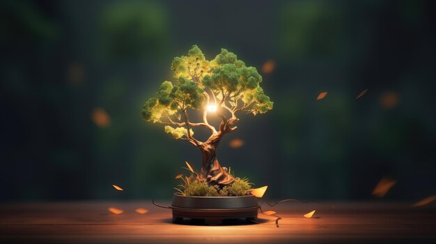 Ein kleiner Bonsai-Baum mit einem Licht darauf