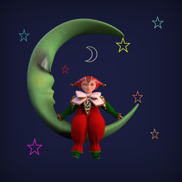 Ein kleiner Clown-Elf, der auf dem Mond sitzt. 3D-Darstellung