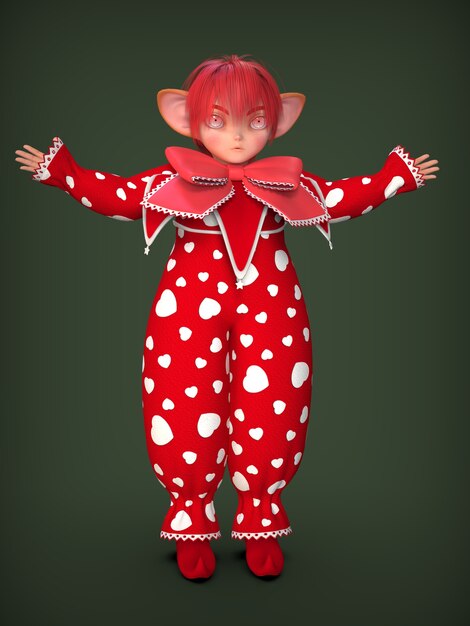 Ein kleiner Clown-Elf in einem roten Anzug. 3D-Darstellung