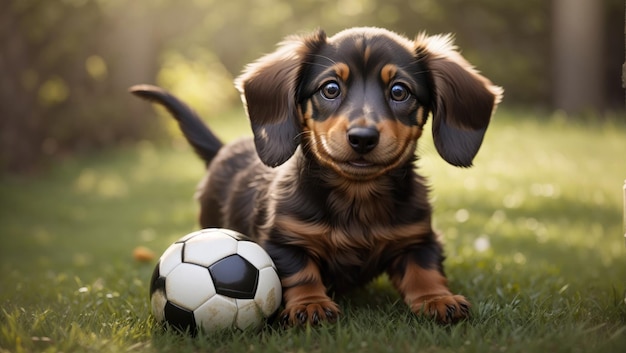 Ein kleiner Dackelwelpe mit einem Fußball, dessen Fell in der Sonne glitzert und dessen Schwanz vor Aufregung wedelt