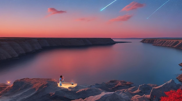 ein kleiner Diamant, der über einem großen Meer aus Juwelen leuchtet, mit einem blauen und roten Himmel im Hintergrund