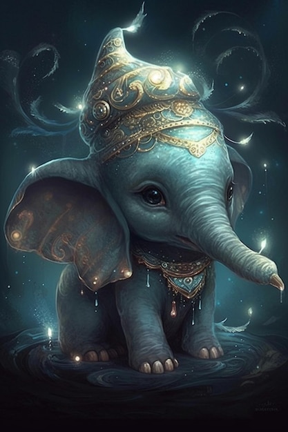 Ein kleiner Elefant mit Krone und Hut.