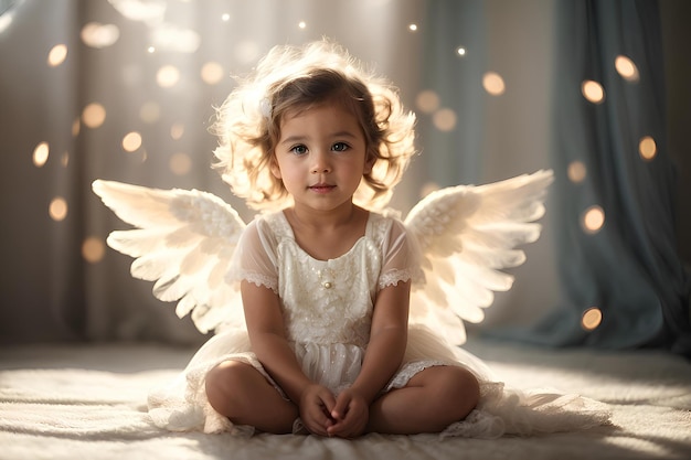Foto ein kleiner engel, ein unschuldiges kind mit flügeln in einem weißen kleid