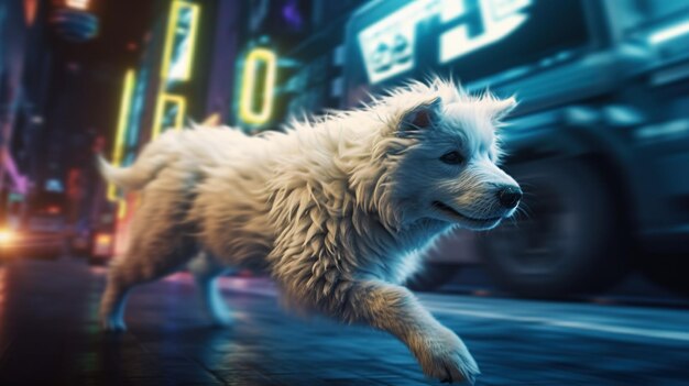 ein kleiner flauschiger weißer Hund, der auf der Straße der Cyberpunk-Neonstadt läuft