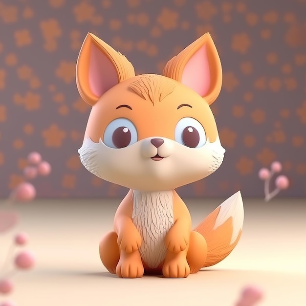 Ein kleiner Fuchs sitzt auf dem Boden vor einem blumigen Hintergrund