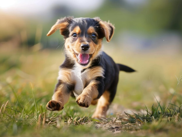 Ein kleiner Hund läuft auf dem Gras