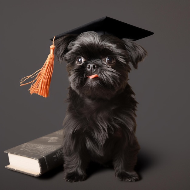 Ein kleiner Hund mit Abschlussmütze sitzt neben einem Buch.