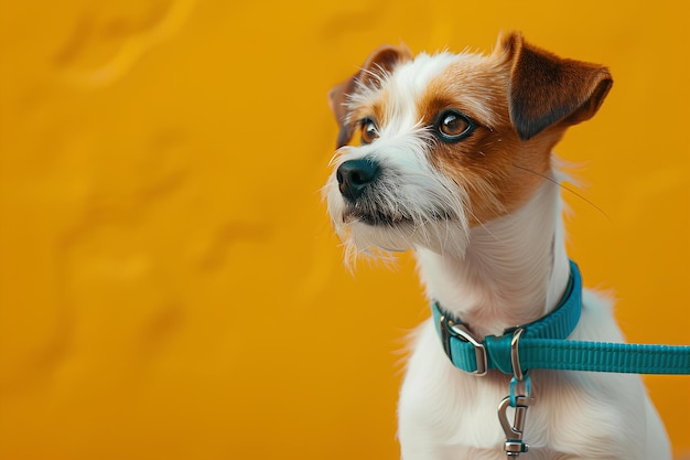 Ein kleiner Hund mit einem blauen Halsband und einem gelben Hintergrund schaut mit ernsthaftem Blick in die Kamera