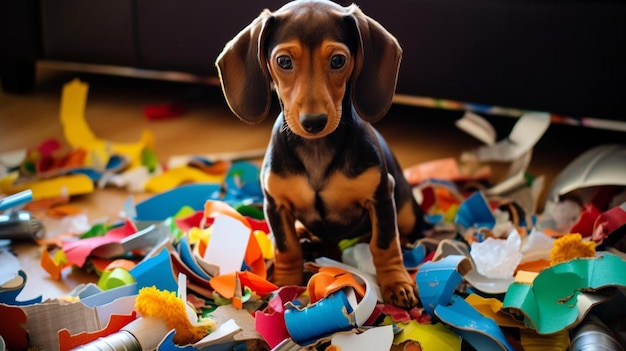 Foto ein kleiner hund sitzt auf einem müllhaufen