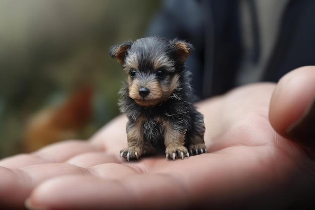 Ein kleiner Hund sitzt in einer Hand