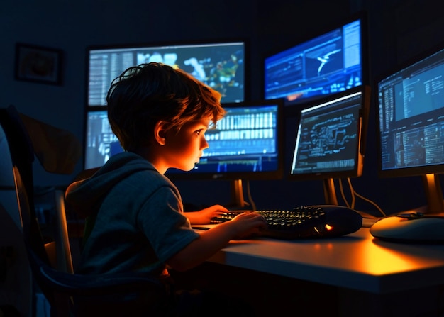 Ein kleiner Junge arbeitet in einem Computer-Sideview