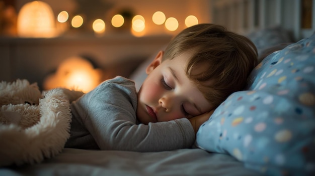 Ein kleiner Junge, der auf einem Bett schläft, mit Lichtern im Hintergrund