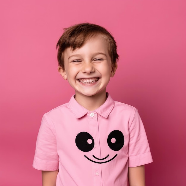 Ein kleiner Junge, der ein rosa T-Shirt mit einem Smiley darauf trägt.