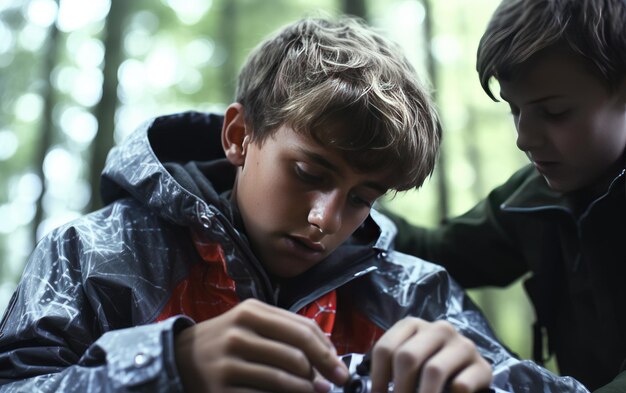 Foto ein kleiner junge, der in die kunst der medizinischen hilfe vertieft ist