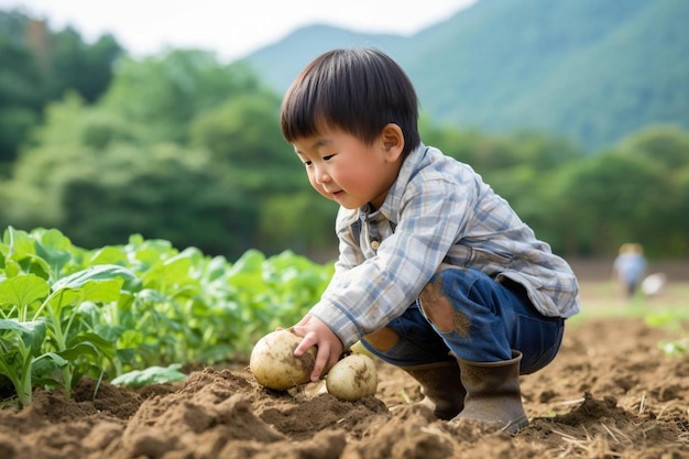 ein kleiner Junge, der mit einer Kartoffel im Dreck kniet