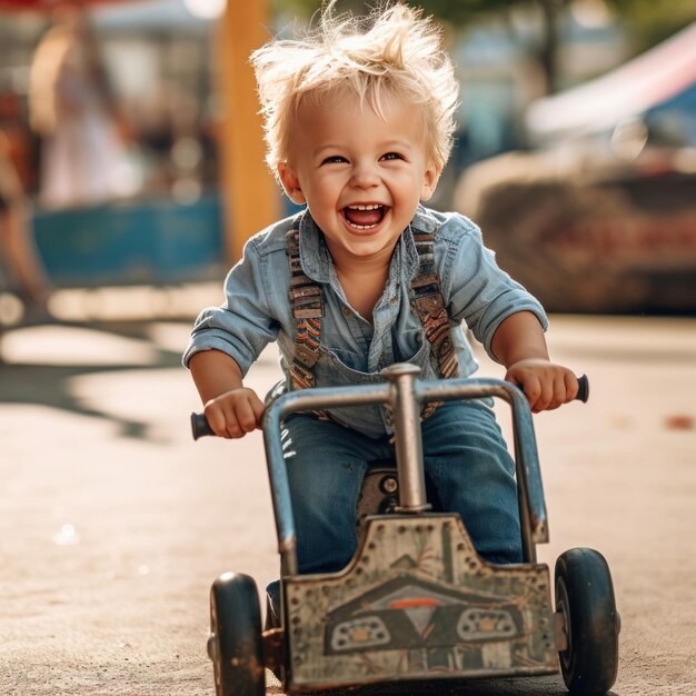 Ein kleiner Junge fährt ein Spielzeugauto mit der Aufschrift „.