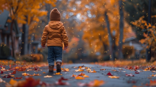 Ein kleiner Junge geht im Herbst eine Straße entlang