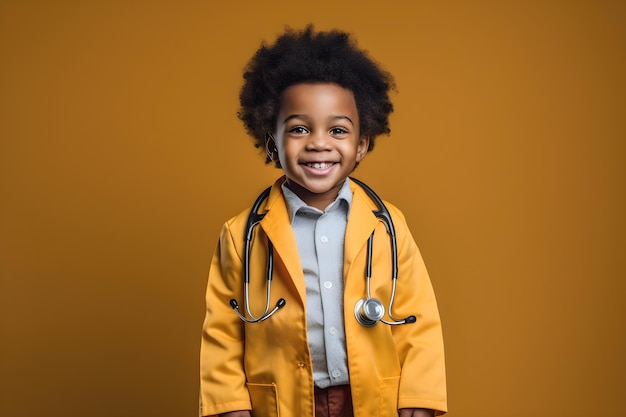 Ein kleiner Junge im Arztkittel mit einem Stethoskop auf der Brust steht vor gelbem Hintergrund.