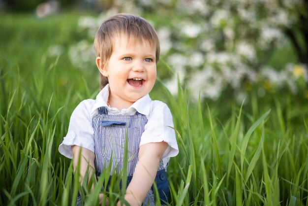Ein kleiner Junge im Jeansoverall mit ausdrucksstarken blauen Augen. Springen und herumalbern im hohen grünen Gras gegen