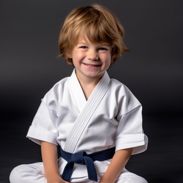 Ein kleiner Junge im Karate-Outfit steht vor einem dunkelgrauen Hintergrund