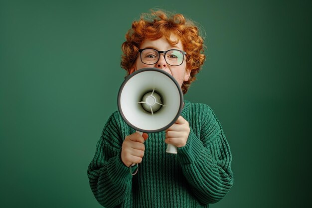 Foto ein kleiner junge in der braunen weste schreit etwas in den megaphon auf weißem hintergrund