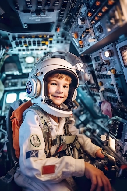 Ein kleiner Junge in einem Raumanzug sitzt im Cockpit eines Flugzeugs. Generatives KI-Bild