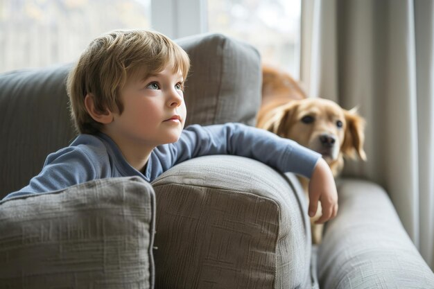 Ein kleiner Junge kniet rückwärts auf der Couch, späht schlau aus dem Vorhang auf die Familie, geht mit einem Hund spazieren, den er streicheln will.