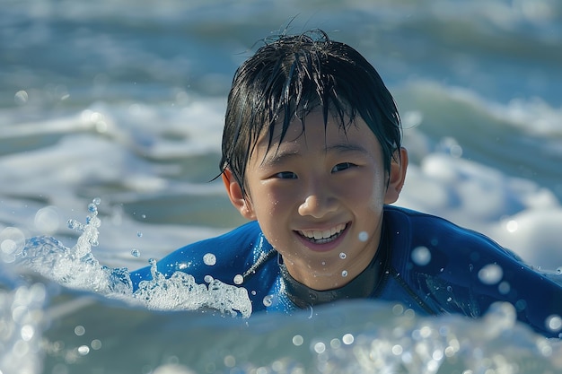 Ein kleiner Junge lächelt im Ozean, während er Surfen lernt