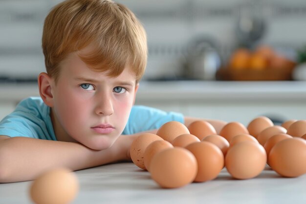 Foto ein kleiner junge liegt auf dem boden neben einer sammlung von eiern. ein pädagogisches poster, das die symptome einer schweren eierallergie identifiziert.