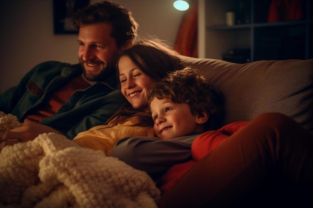 Ein kleiner Junge liegt mit seiner Familie auf einer Couch.