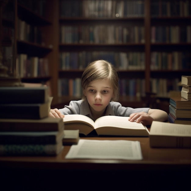 Ein kleiner Junge liest ein Buch in einer Bibliothek mit vielen Büchern.