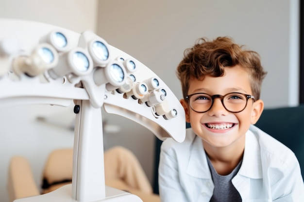 Ein kleiner Junge mit Brille macht eine Augenuntersuchung