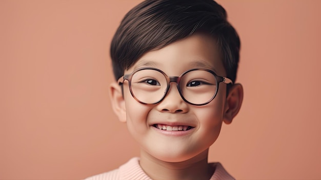 Ein kleiner Junge mit Brille mit rosa Hintergrund