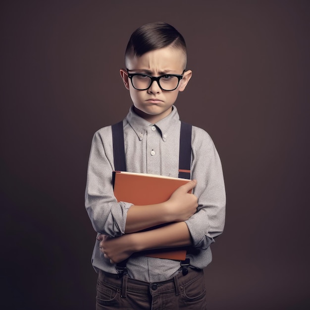 Ein kleiner Junge mit Brille und einem Buch im Arm