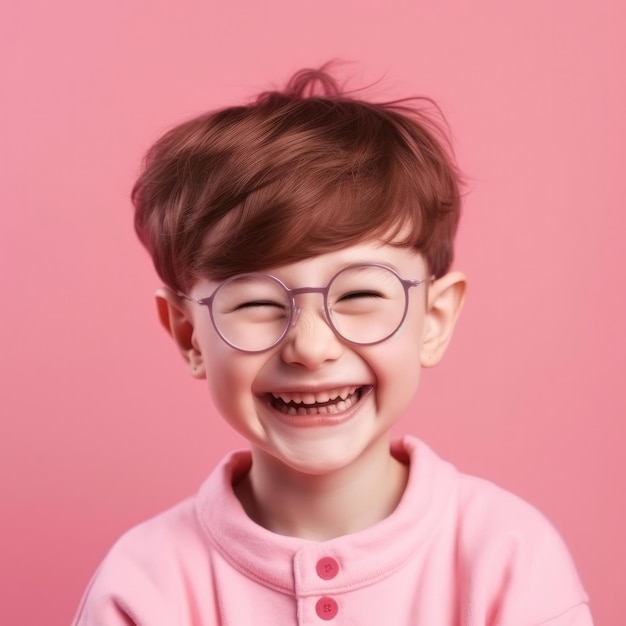 Ein kleiner Junge mit Brille und einem rosa T-Shirt mit der Aufschrift "Der kleine Prinz".