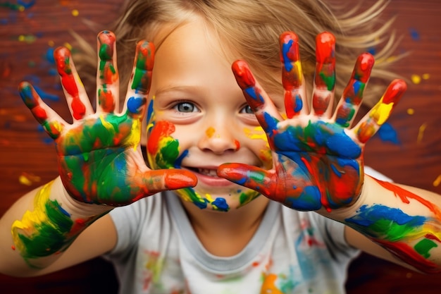 Ein kleiner Junge mit bunten Farben an den Händen