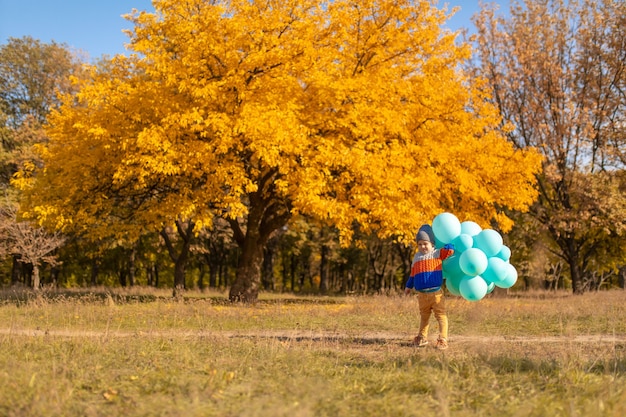 Ein kleiner Junge mit einem Armvoll Ballons geht im Herbstpark spazieren. Gelbe Bäume und blaue Kugeln. Stilvolles Kind.