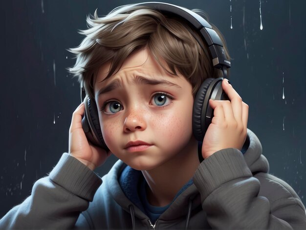 Ein kleiner Junge mit Kopfhörern beim Musikhören im Regen