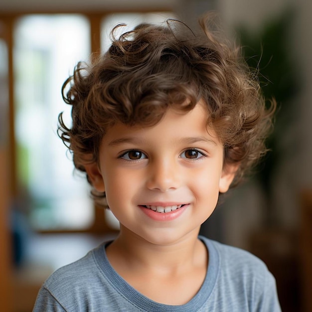 ein kleiner Junge mit lockigem Haar, der in die Kamera lächelt