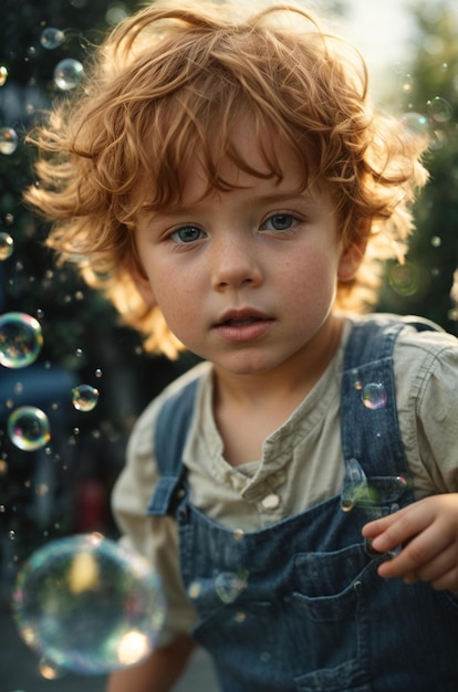 Foto ein kleiner junge mit roten haaren und blauen augen spielt mit blasen.