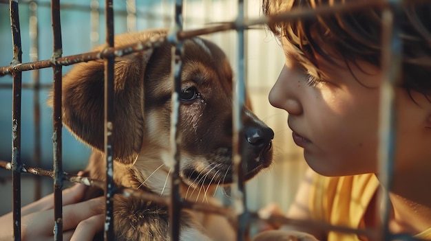 Ein kleiner Junge schaut auf einen Hund in einem Käfig, das Gesicht des Jungen ist gegen den Käfig gedrückt und er schaut den Hund mit traurigen Augen an.