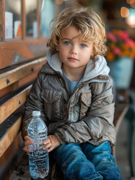 Foto ein kleiner junge sitzt auf einer bank und hält eine flasche wasser